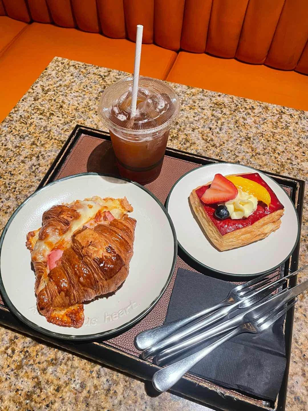 Ham and Cheese Croissant + Fruit Danish + Peach Iced Tea 