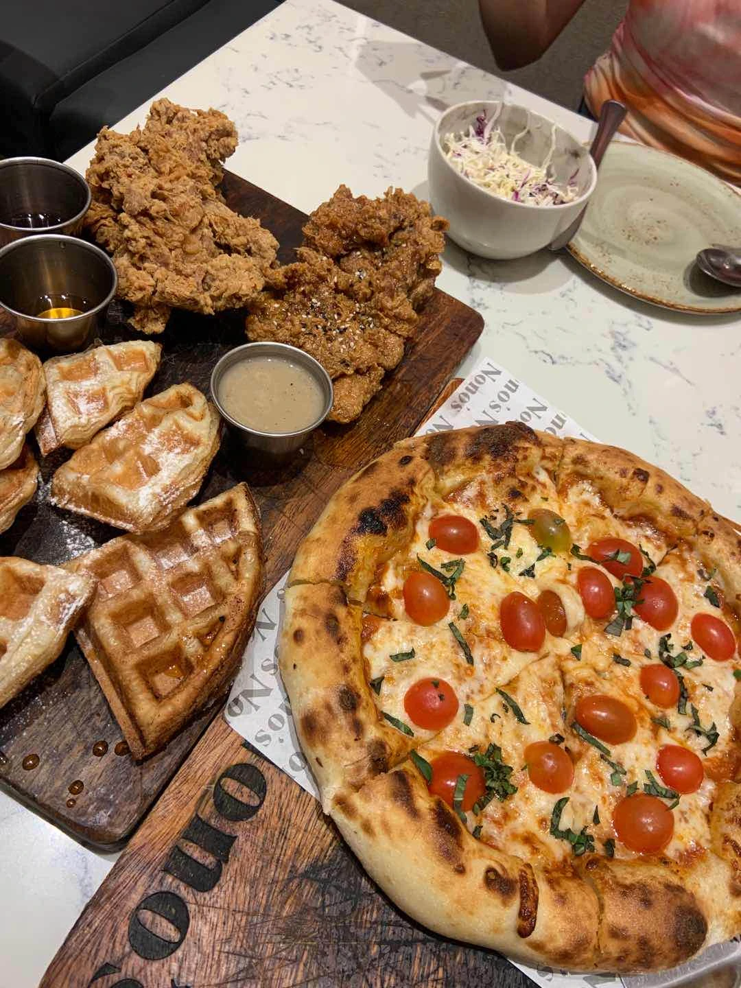 Chicken n waffles & Margarita Pizza