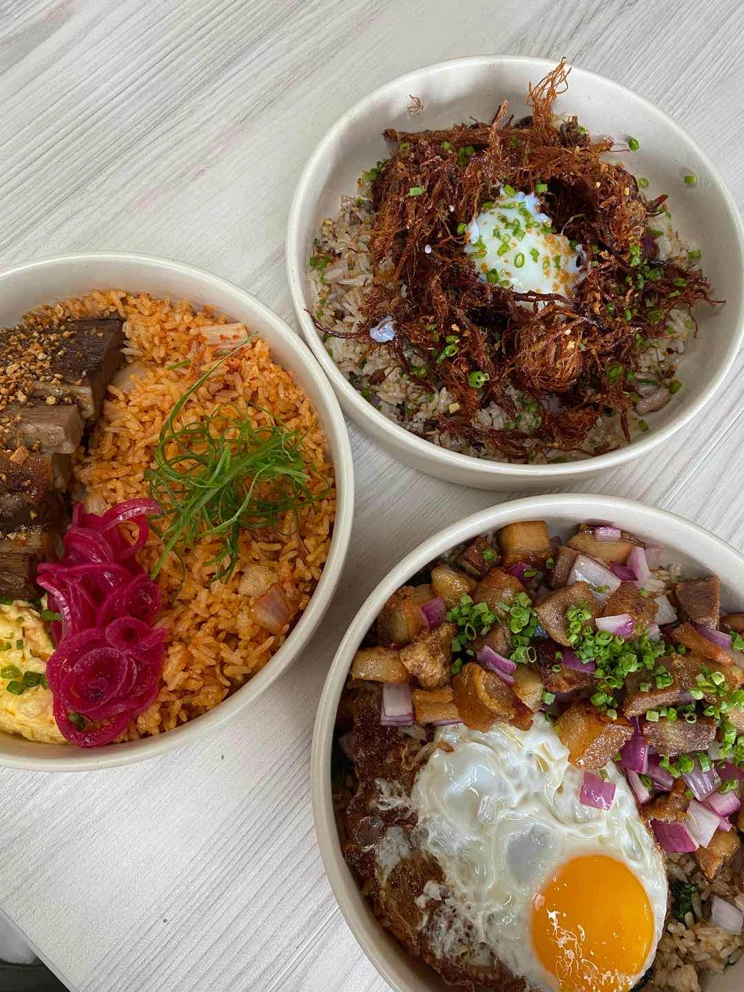 beef pares with kimchi rice, shredded beef with sesame oil, honey crispy pork with bagoong rice