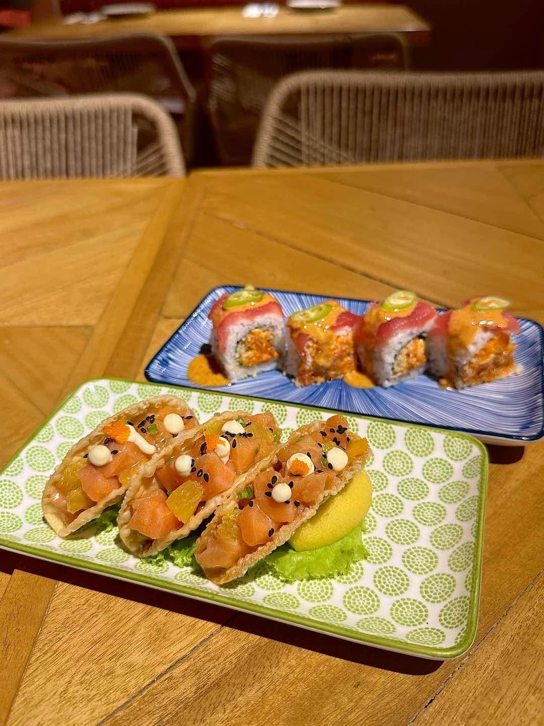 Salmon Wonton Tacos & Spicy Tuna Roll
