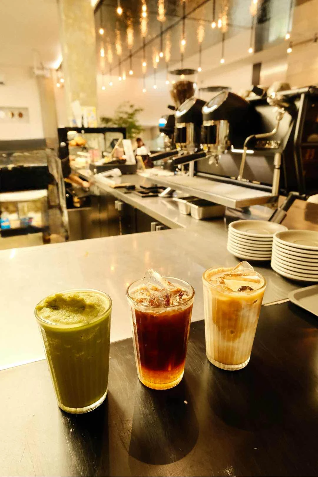 Green tea frappe, peach americano, oat latte