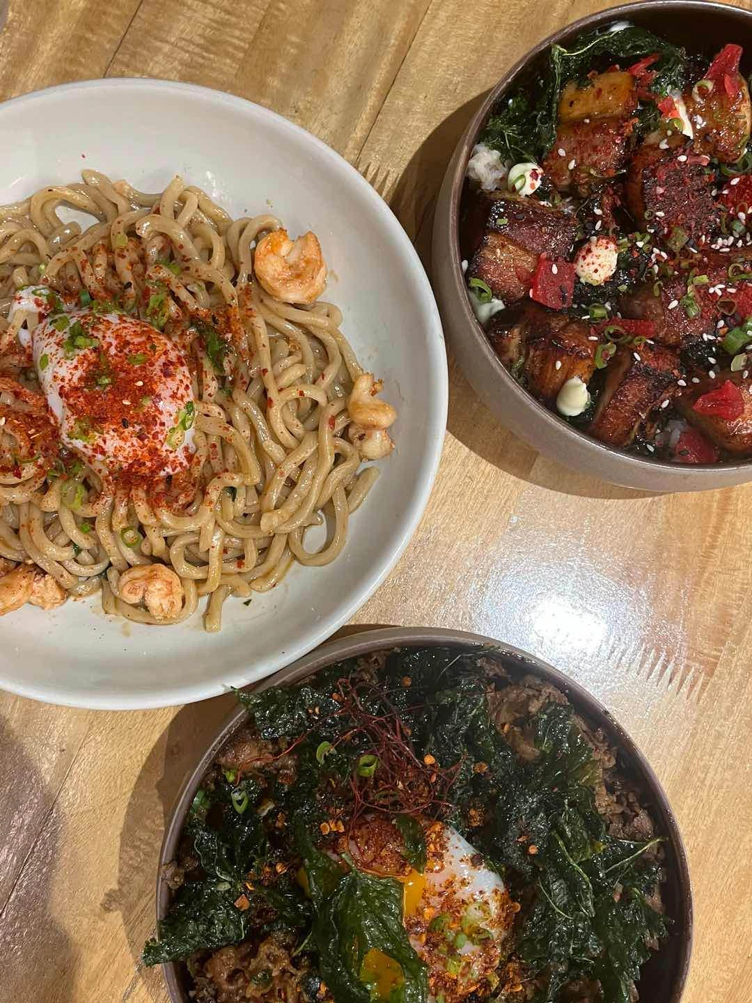 chilimansi noodles, chasudon, and beef gyudon