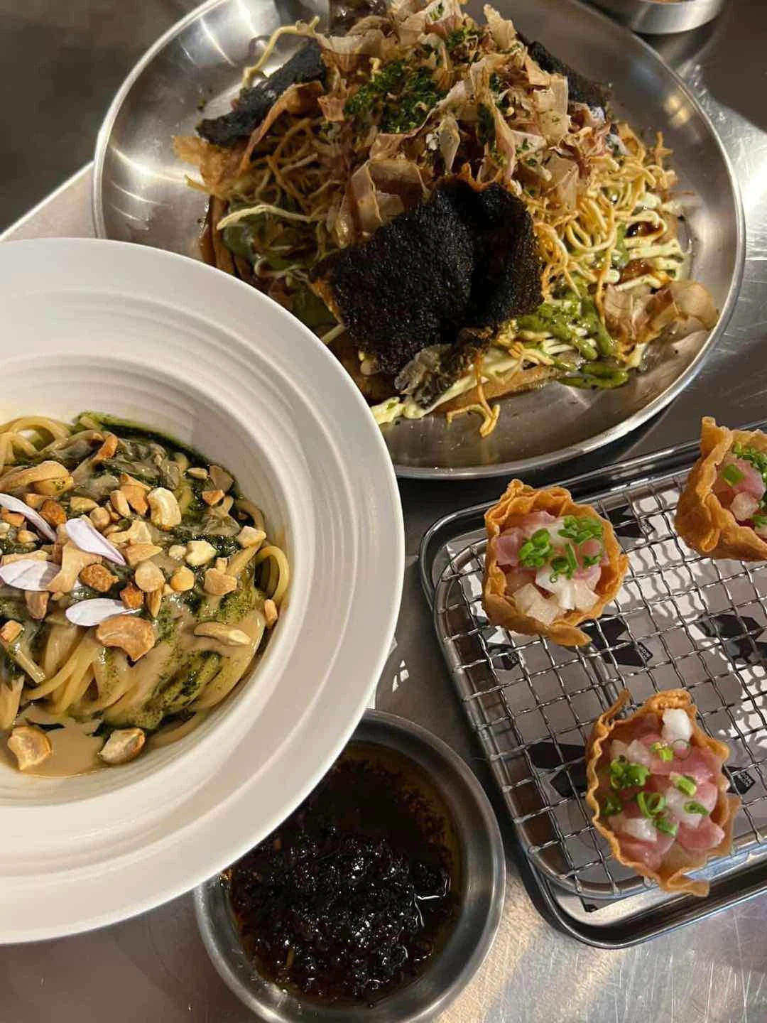 tuna kinilaw shots, the famous okonomiyaki tortang talong, and tofu pasta of Now Now Canteen