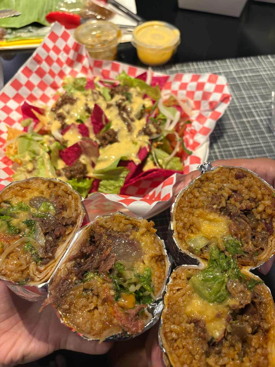 steak burrito, nachos, and primo grilled steak burrito