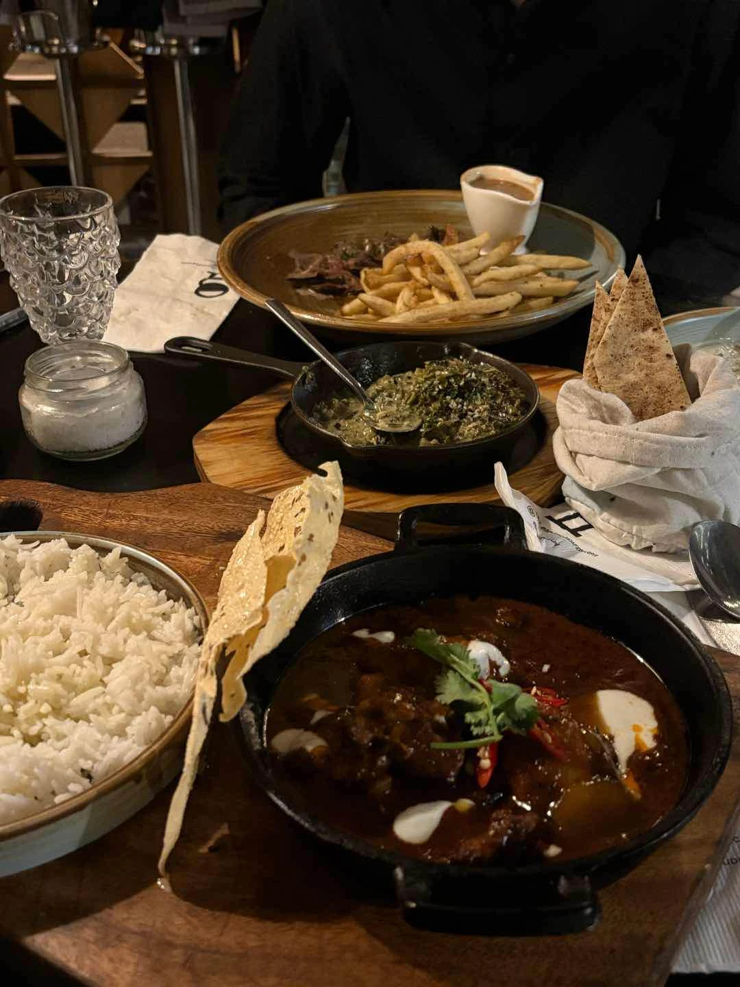 steak frites, tikka masala, spinach dip