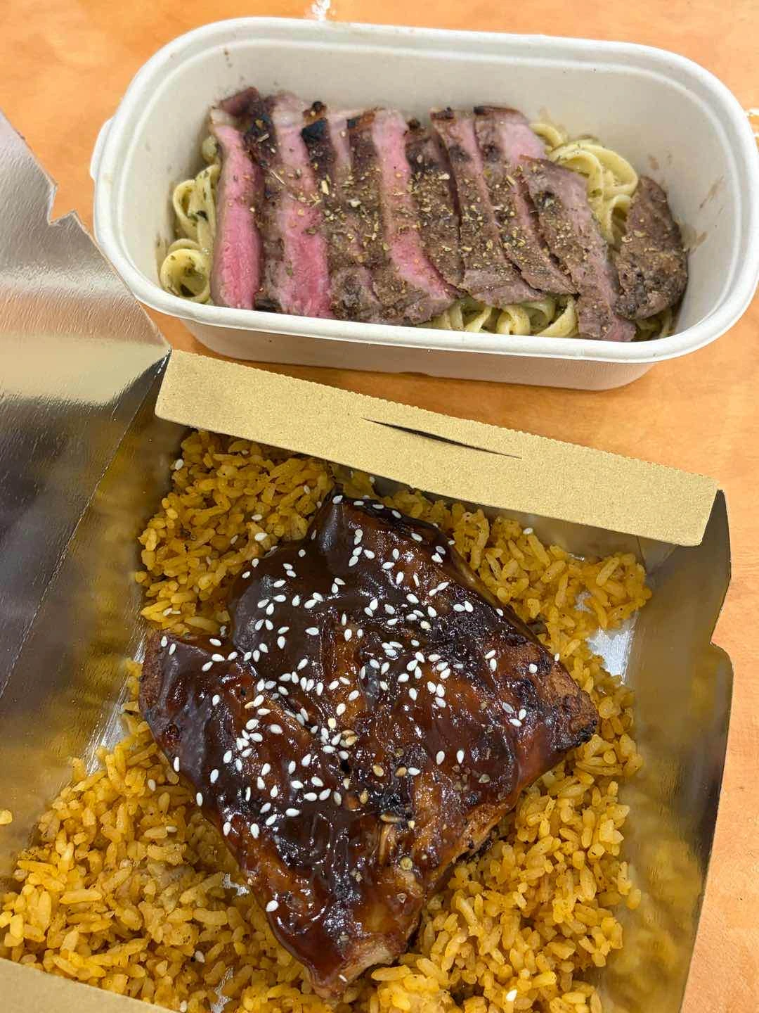 barbeque ribs and creamy truffle pasta with ribeye steak
