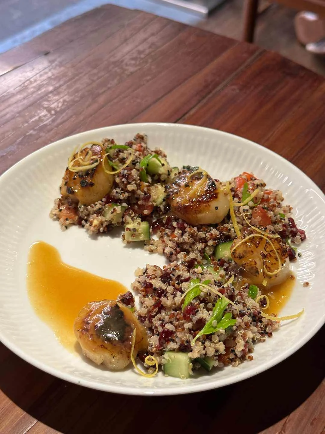 miso glazed scallops & tricolor quinoa
