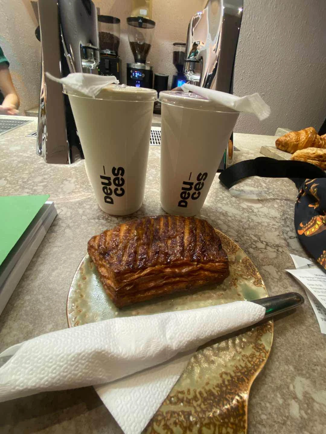 Iced lattes and a cheese puff