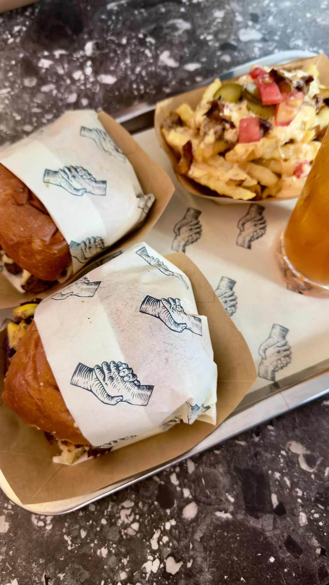 Bacon Smashburger, Umami Truffle Burger, Iced tea of Scratch Burgers BGC