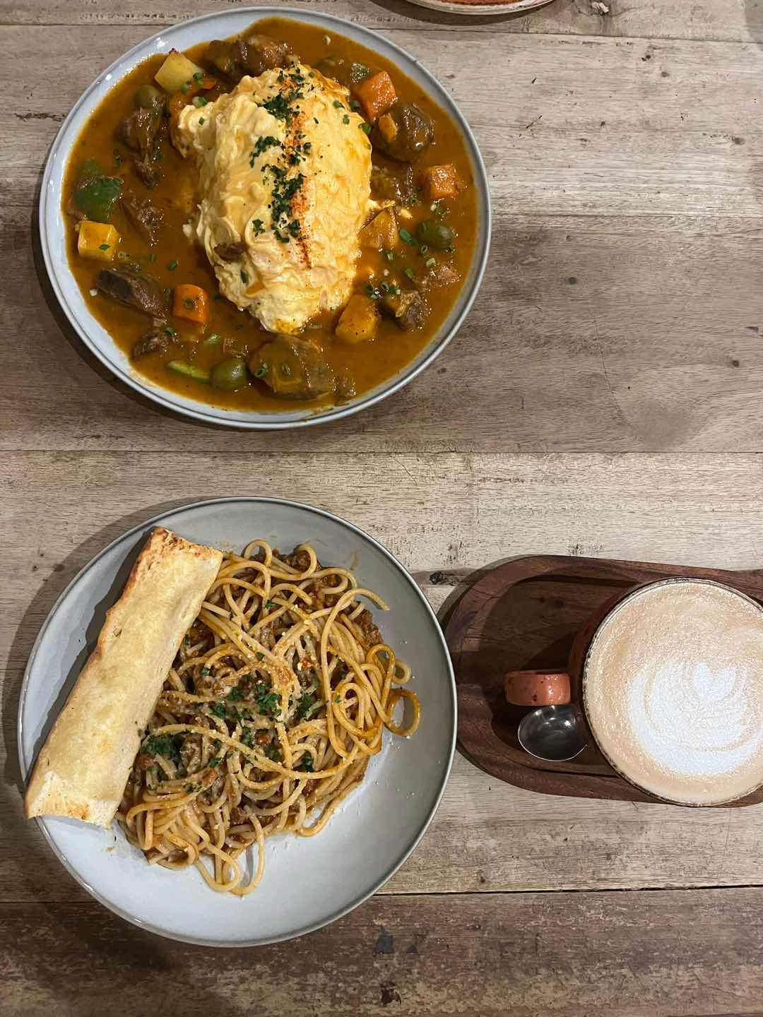 Beef tendon caldereta and spaghetti bolognese
