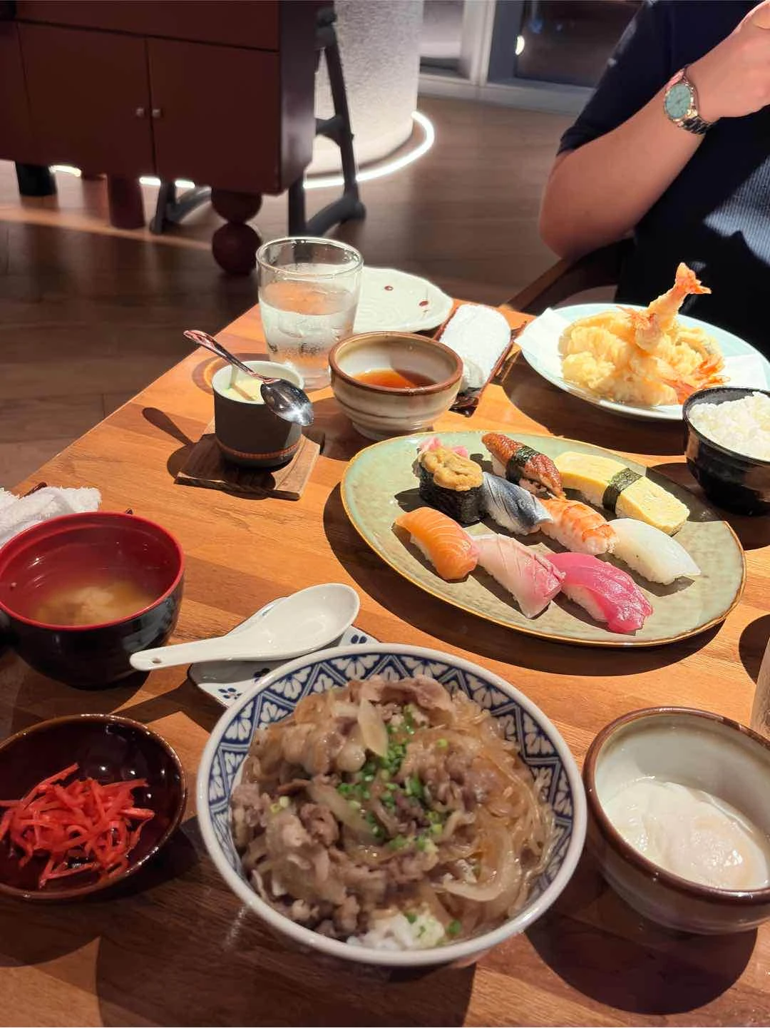 Gyudon served with Miso soup, Nigiri Moriawase “Kiri” Platter, and Tempura of Tsumura