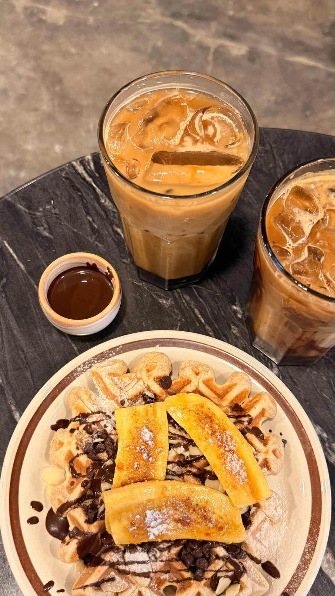 Brown Sugar Latte. Caramel Mocha Latte. Choco-Banana Protein Waffle