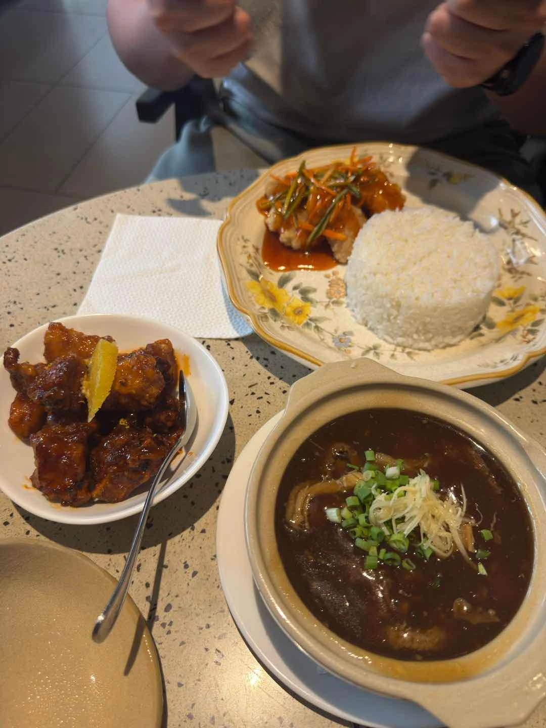 Orange spareribs, sweet and sour fish, maki
