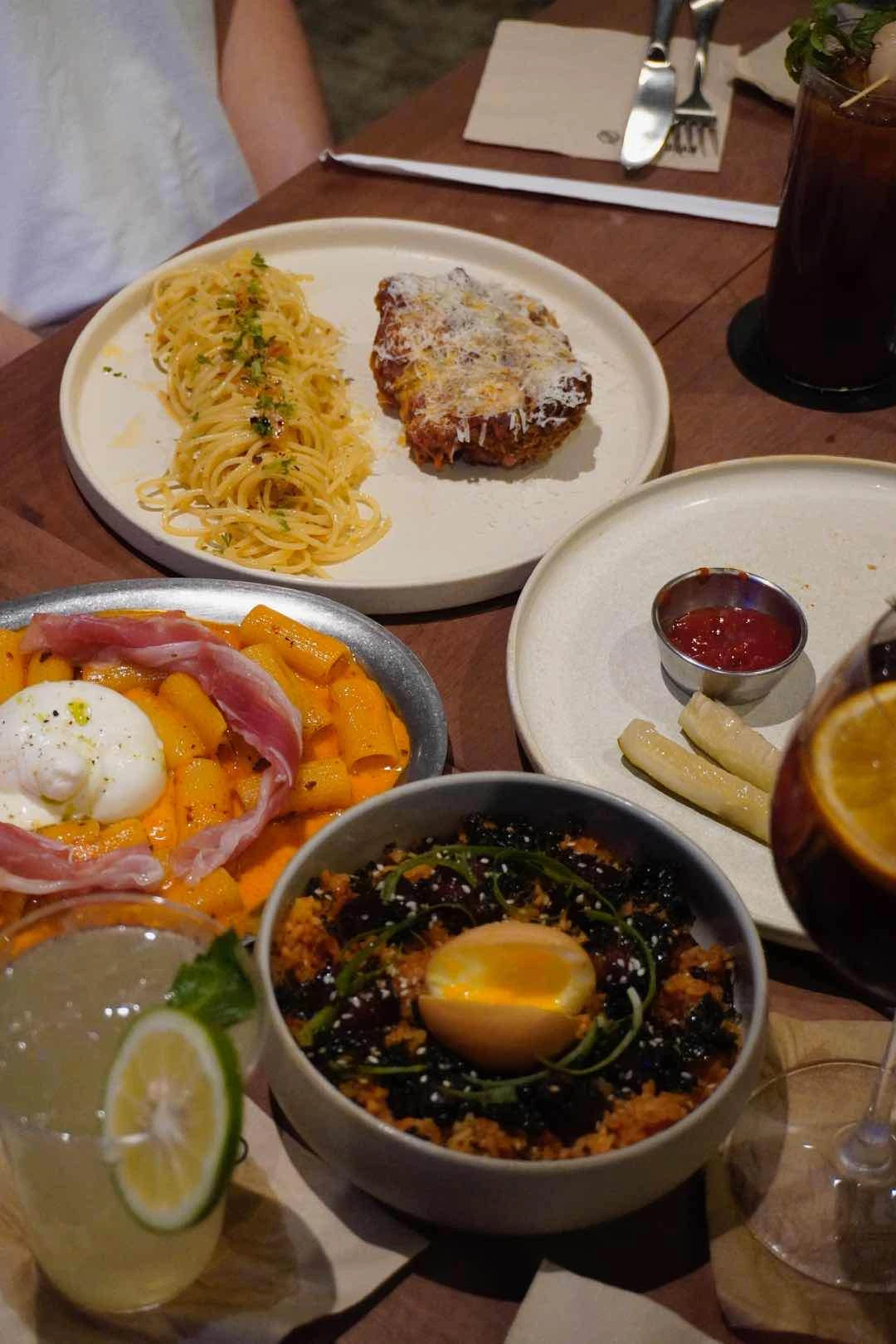 Vodka pasta with burrata, chicken parmigiana, wagyu bowl