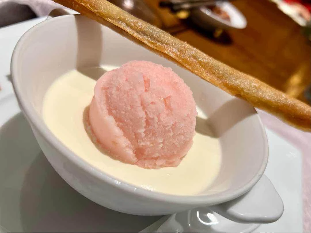 Almond Pudding with Lychee Sorbet and Ube Stick of China Blue By Jereme Leung