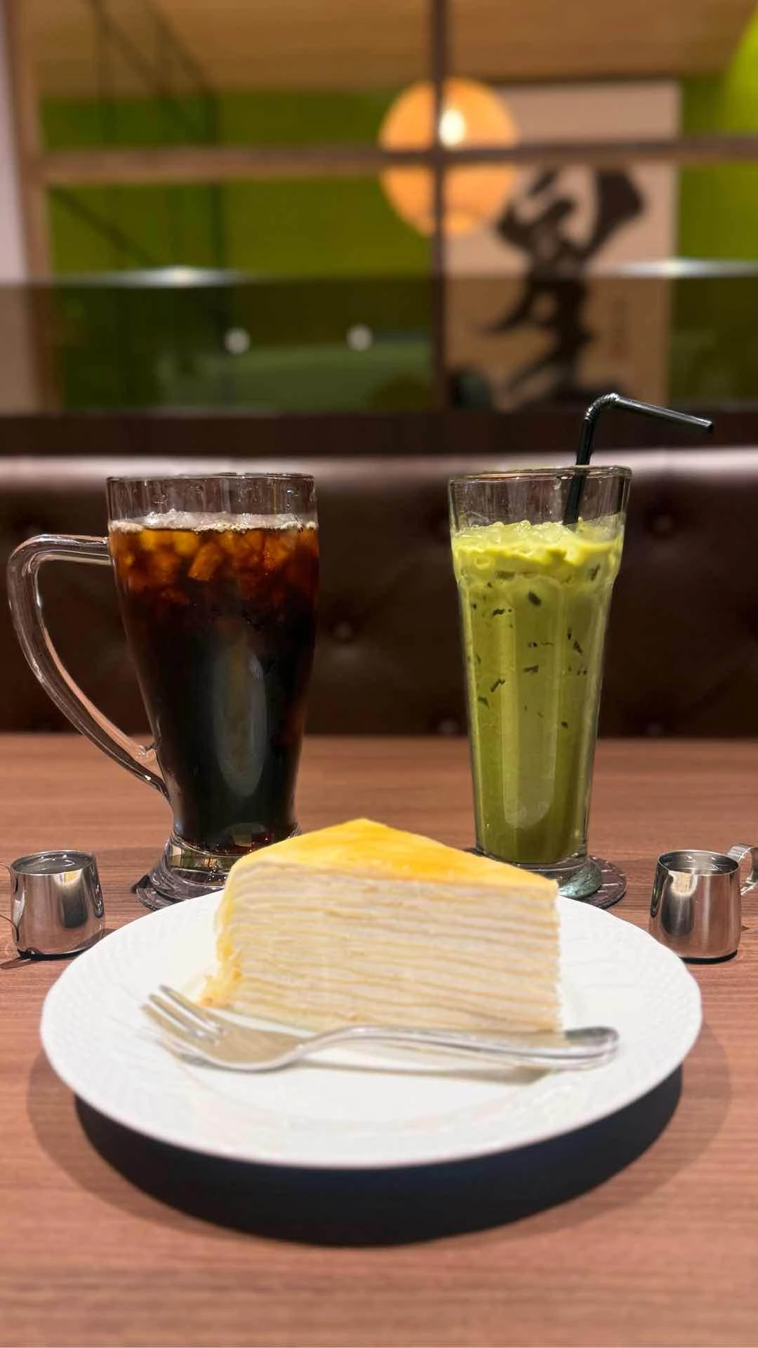 iced americano, iced matcha latte, and crepe