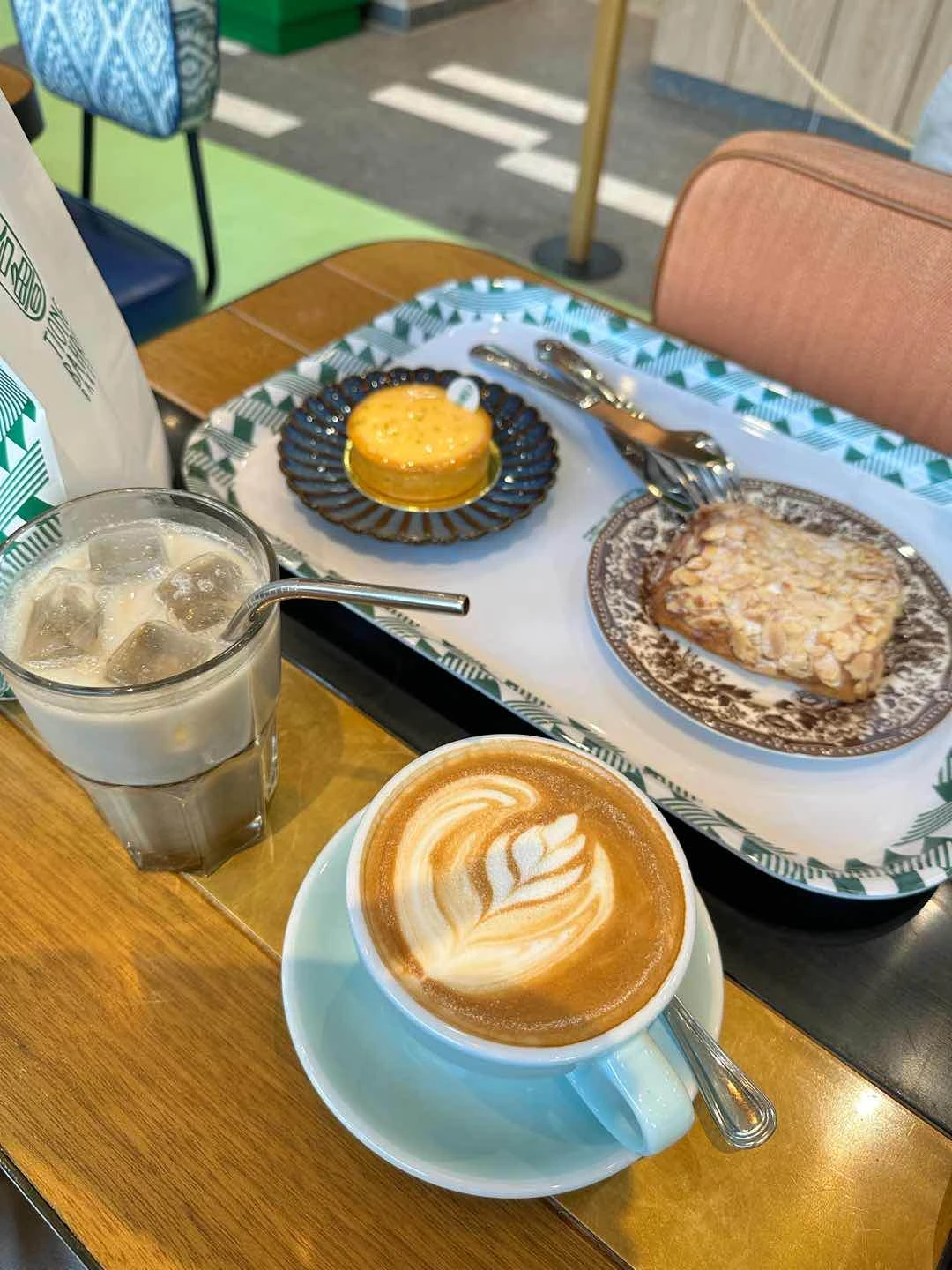 Lemon Tart, Almond Chocolate Croissant, Flat White, Hojicha Latte