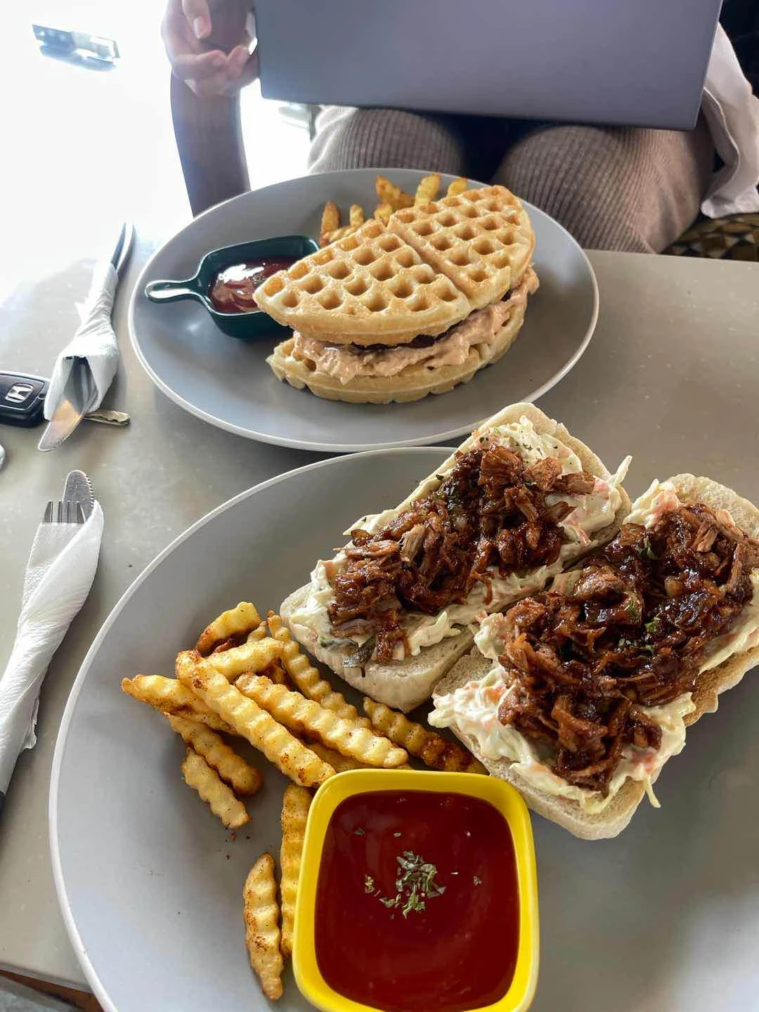chicken & waffles sandwich and pulled pork sandwich