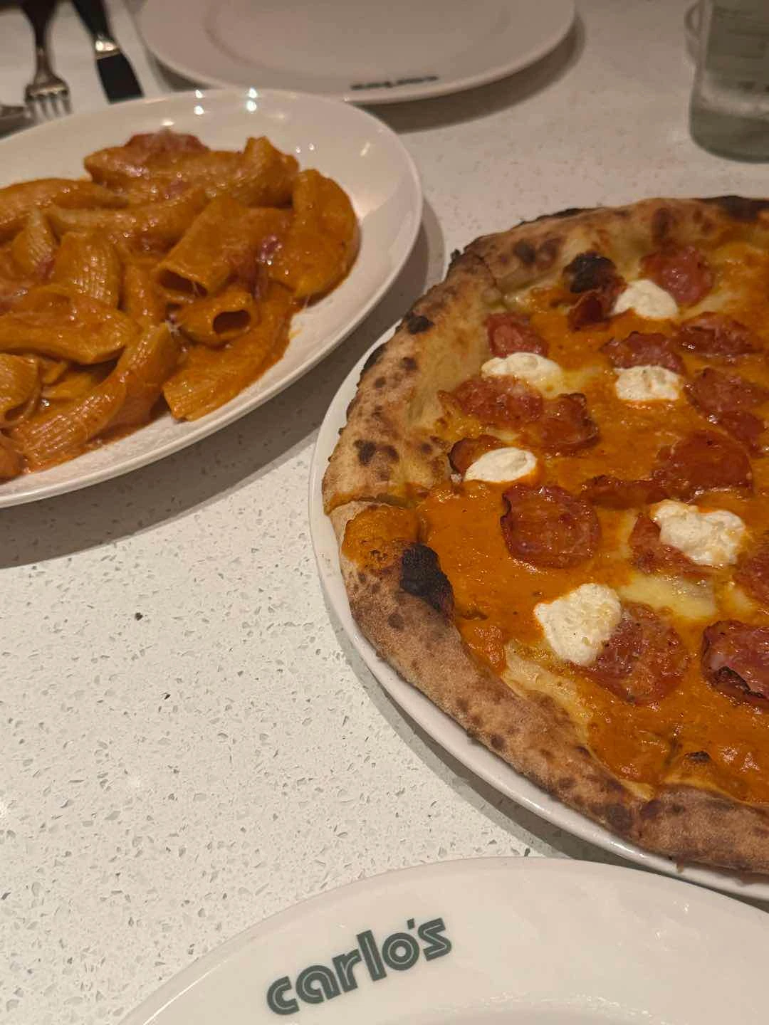 Vodka PEP Pizza and Carlo’s Spicy Vodka Rigatoni of Carlo's