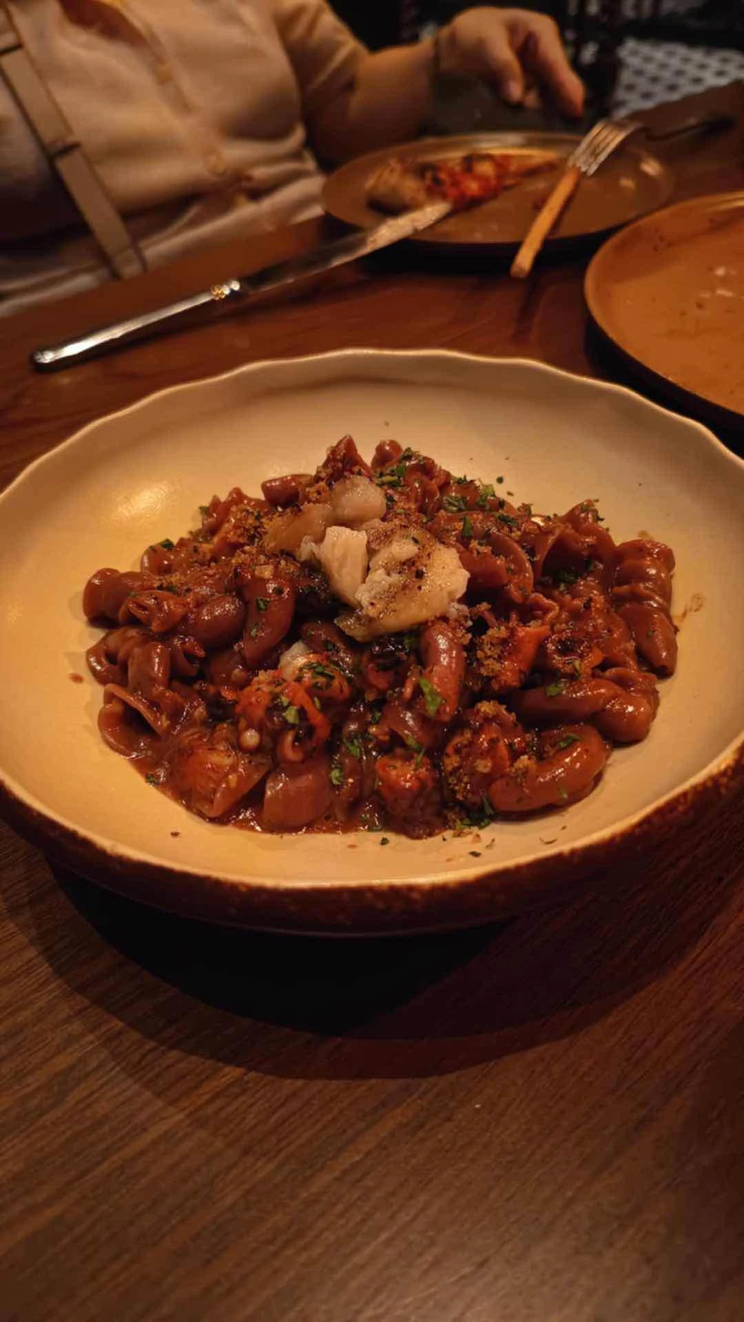 Red Wine Campanelle (with braised octopus, bone marrow, tomatoes)