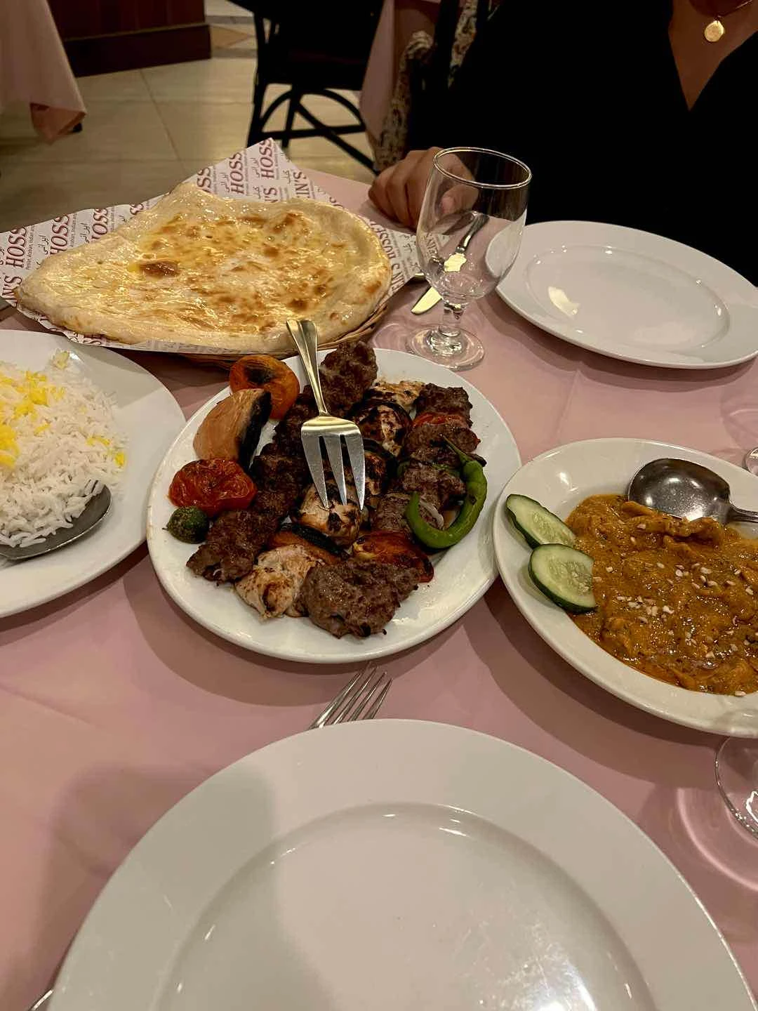buttered chicken, kebab platter, garlic & cheese naan of Hossein's Greenbelt