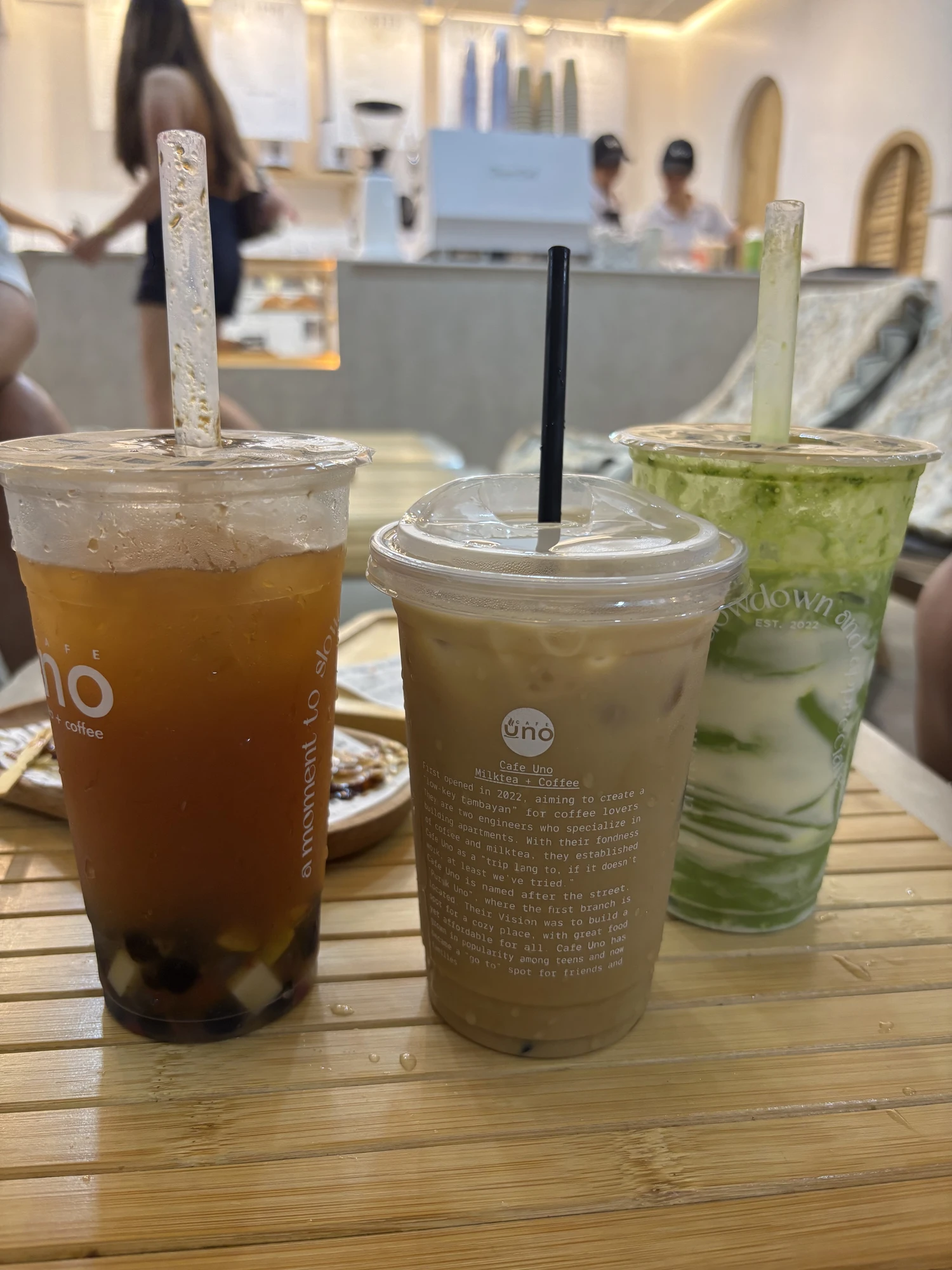 (from left to right) Mango Rainbow Fruit Tea, Caramel Macchiato, Matchs Cheesecake Milk Tea