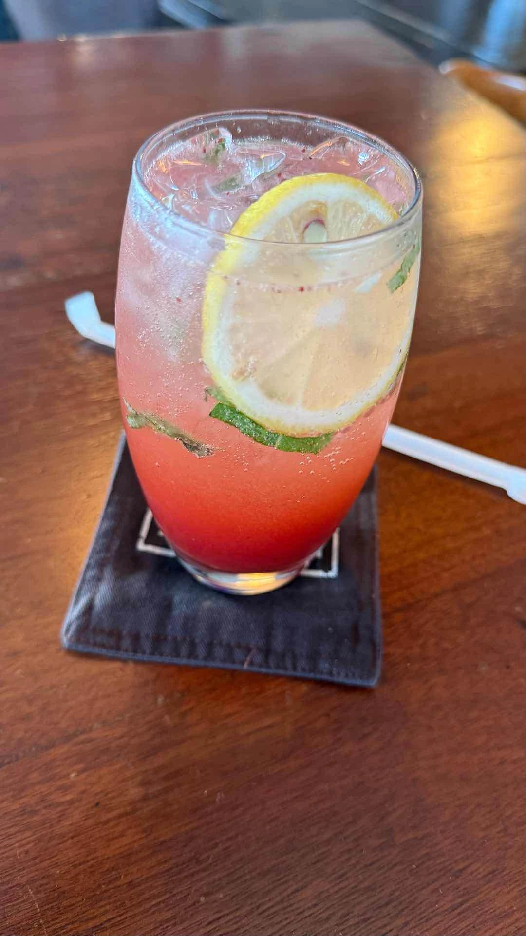 Strawberry basil lemonade. Nice and refreshing, seems like strawberry puree too. Perfect sweetness
