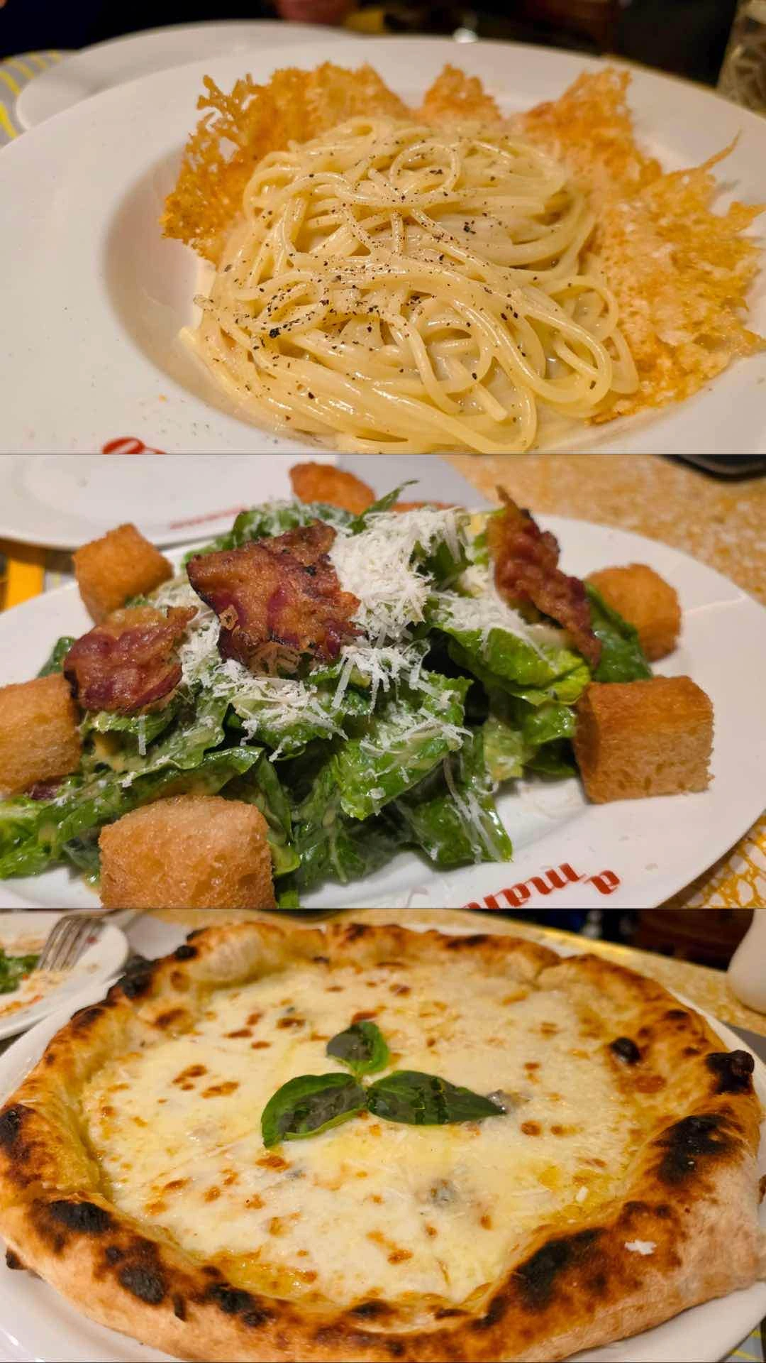 Cacio e pepe pasta, Insalata cesare with guanciale, 4 formaggi