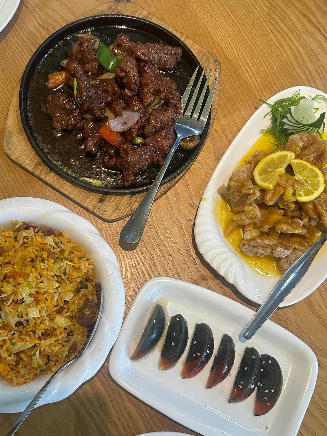 Spare ribs, Spicy beef fried rice, Century egg, Lemon Chicken