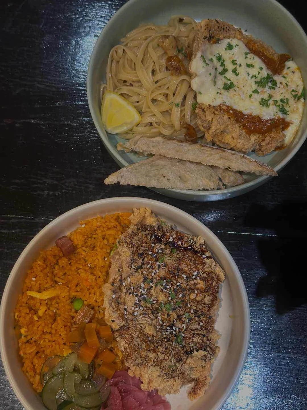 Korean Chicken Chop & Aglio Olio w/ Chicken Parm
