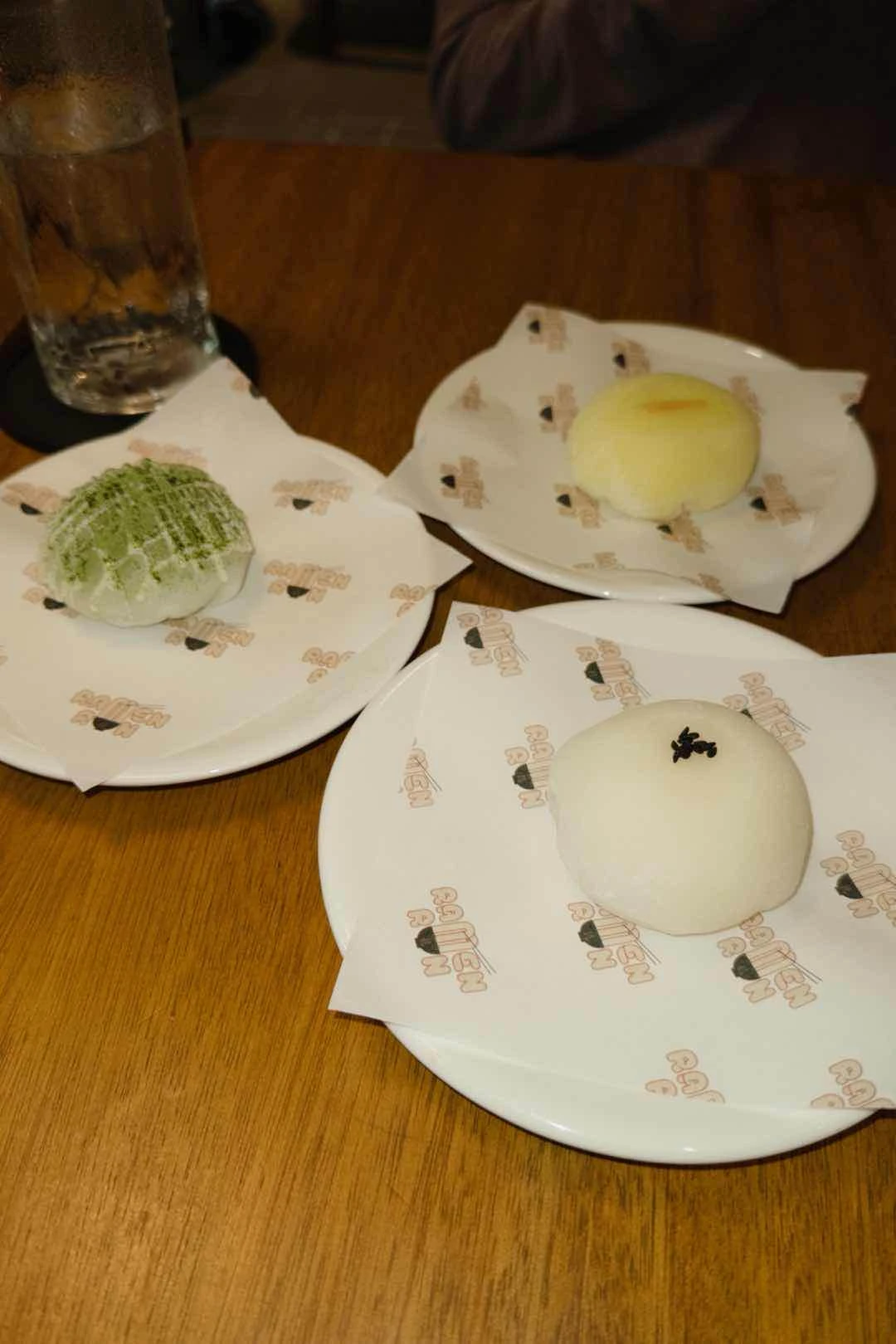 matcha, mango, and vanilla mochi of Ramen Ron Rockwell