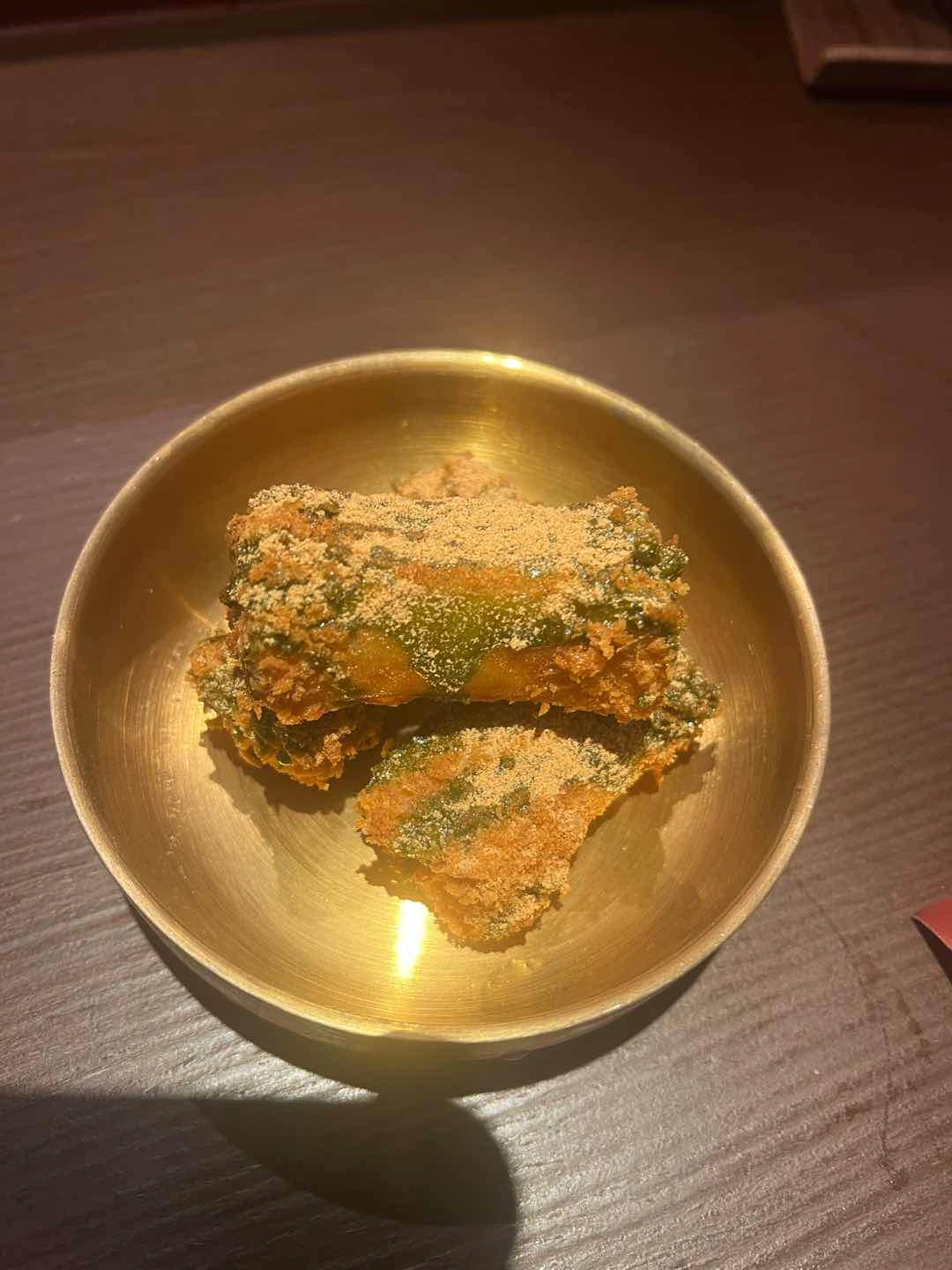 Fried corn milk with matcha sauce