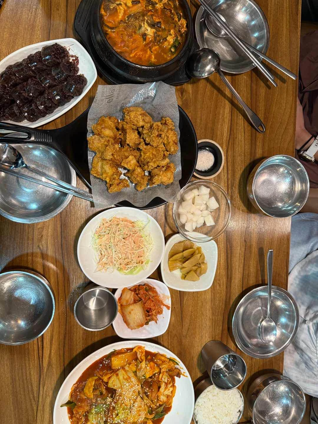 sundae, fried chicken, beef soup, kimchi rice, spicy pork dish