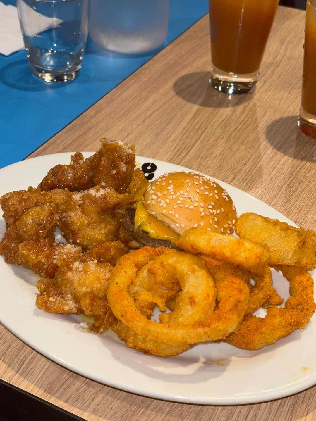 Truffle Honey Chicken, Cheeseburger Slider, Onion Rings
