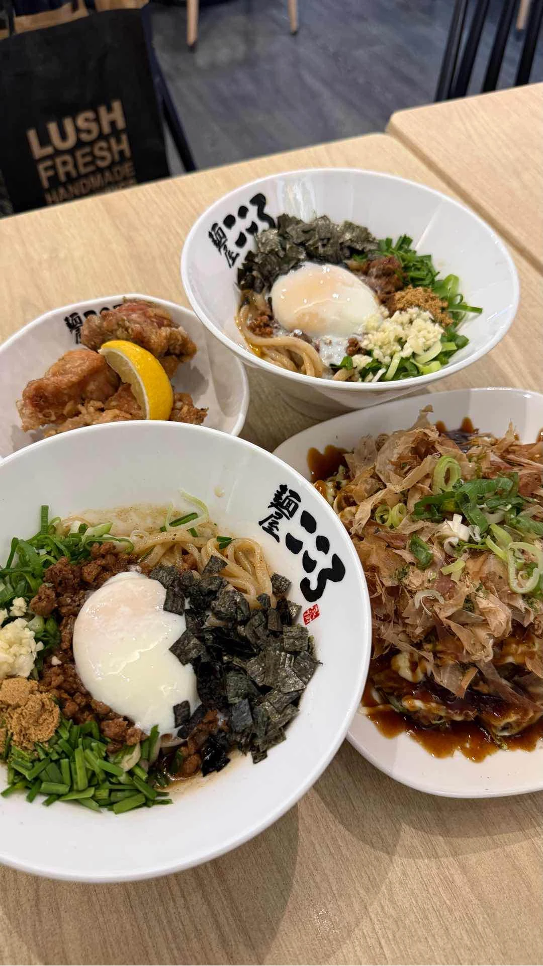 tokyo mazesoba, okonomiyaki, karaage