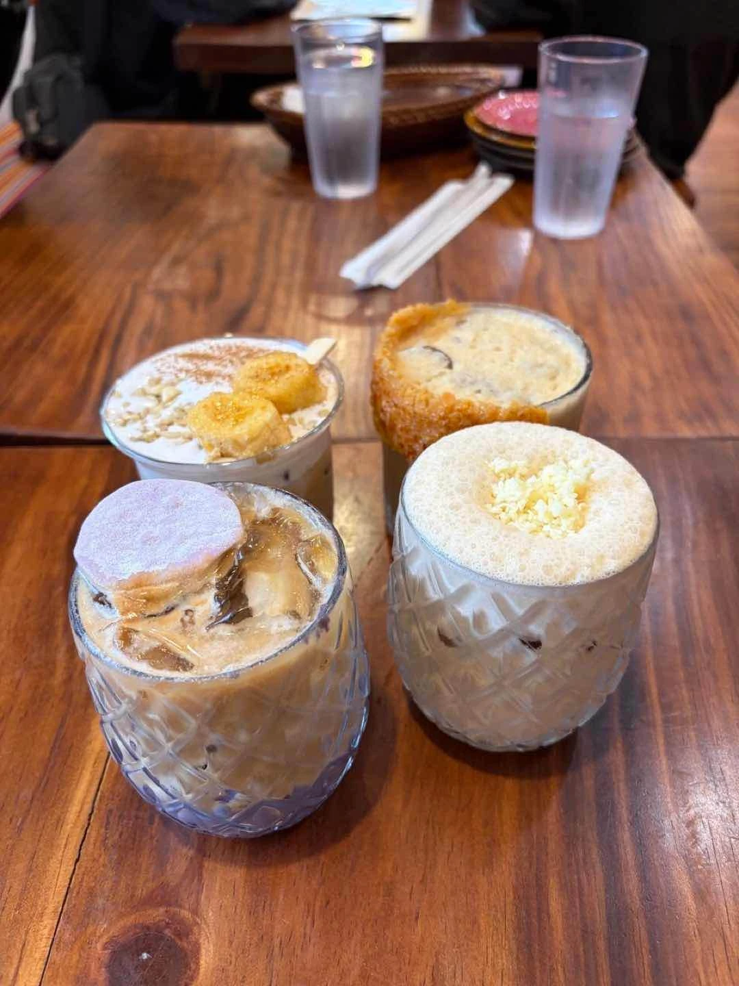 ube latte, banana bread latte, apsol’s best, and maja latte