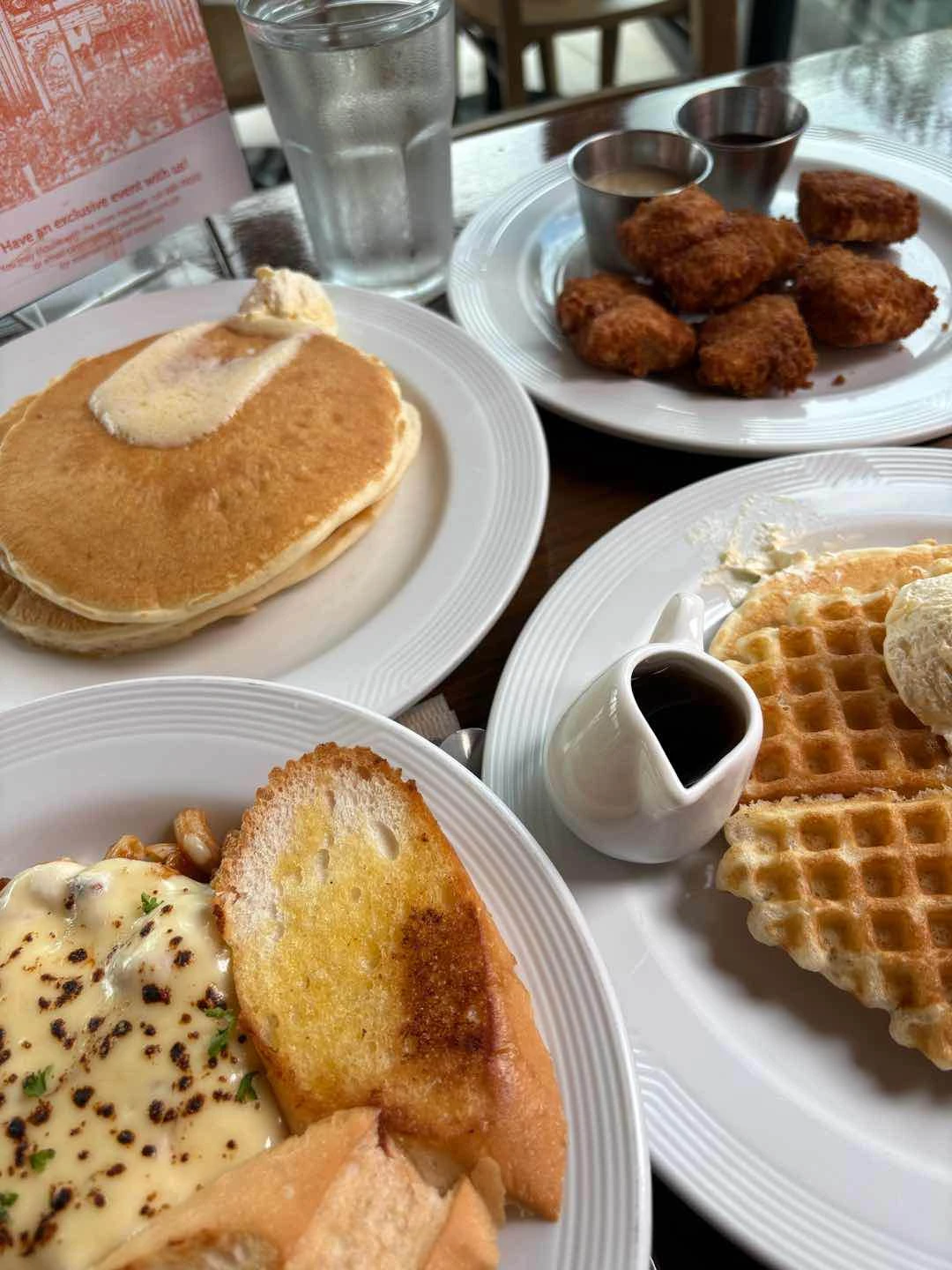 chicken nuggets, 3pc og pancakes, baked mac, golden brown waffles