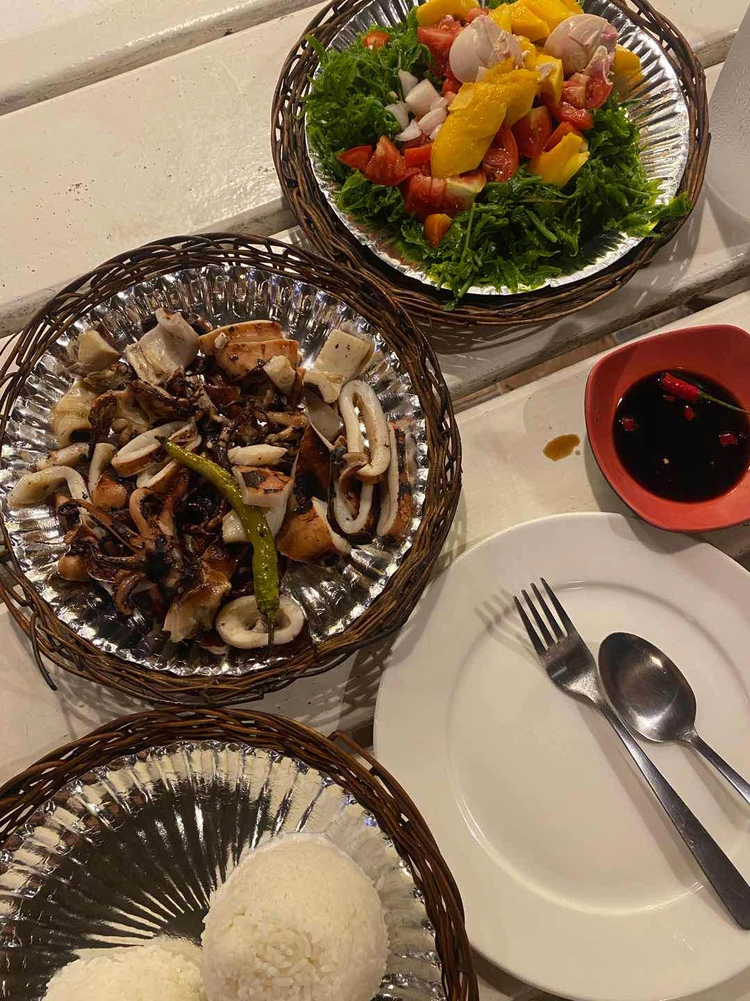 Grilled squid, pako salad, rice