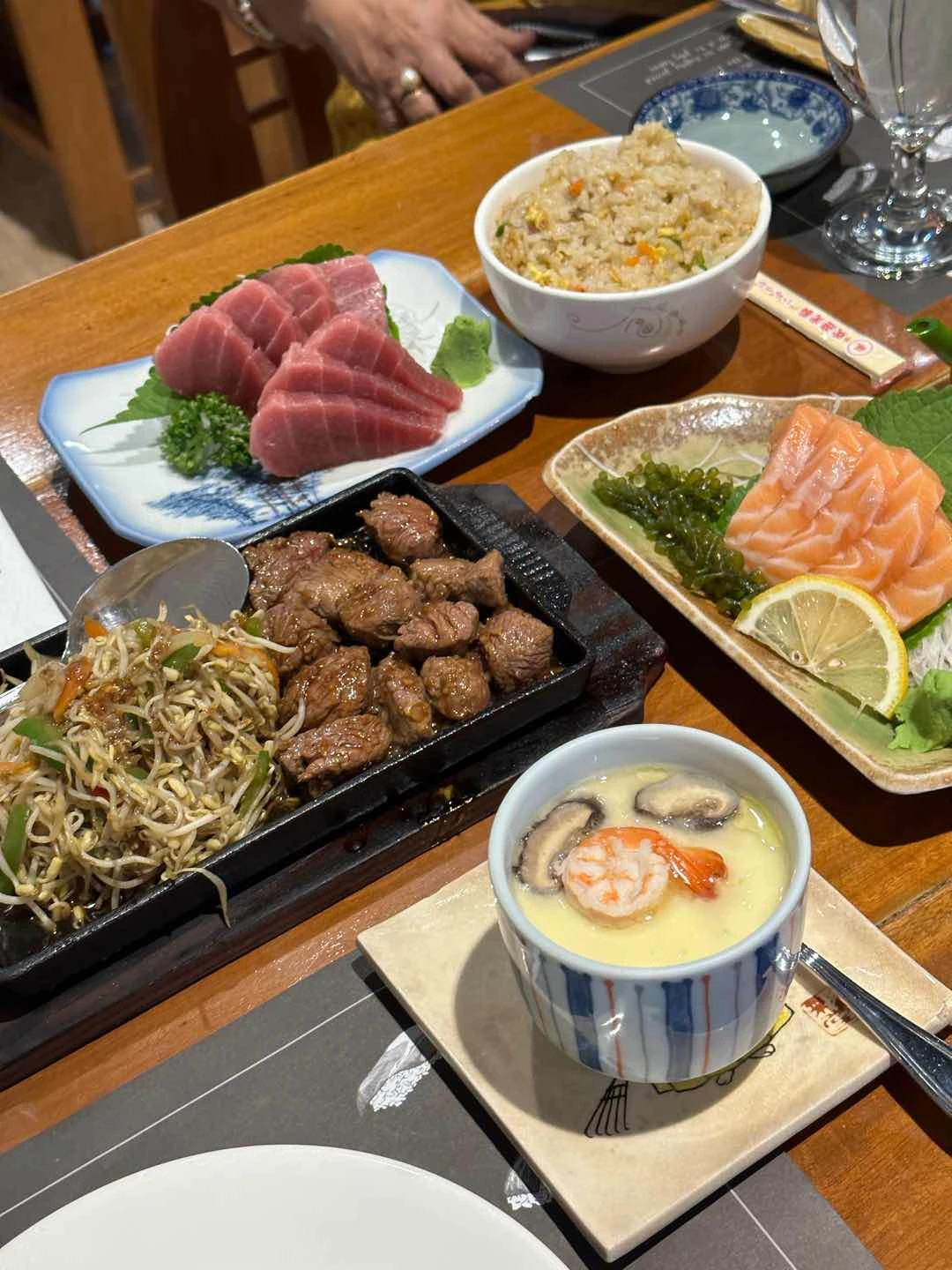 tuna & salmon sashimi, beef teppan, yakimeshi & chawanmushi of Tomo Japanese Dining