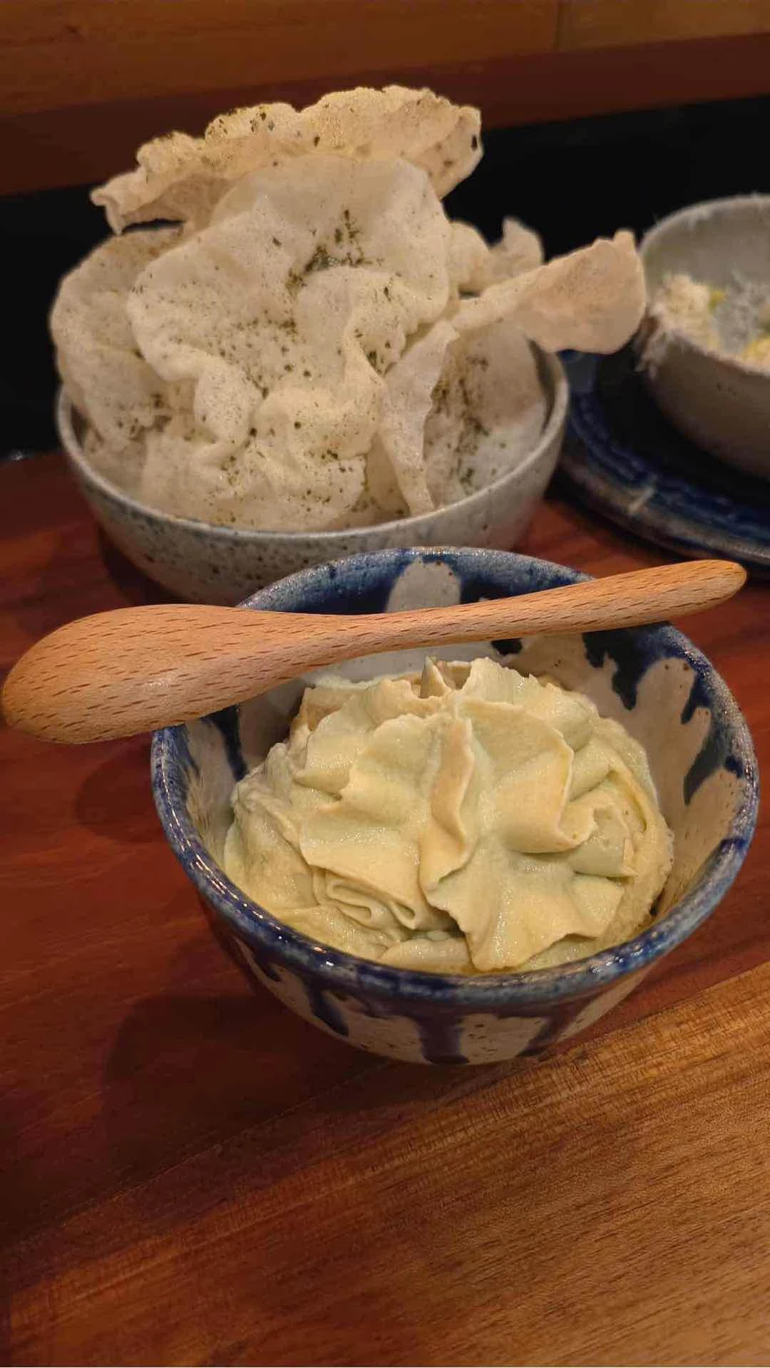 Whipped Edamame with Rice Crisps Japanese Caesar Salad 