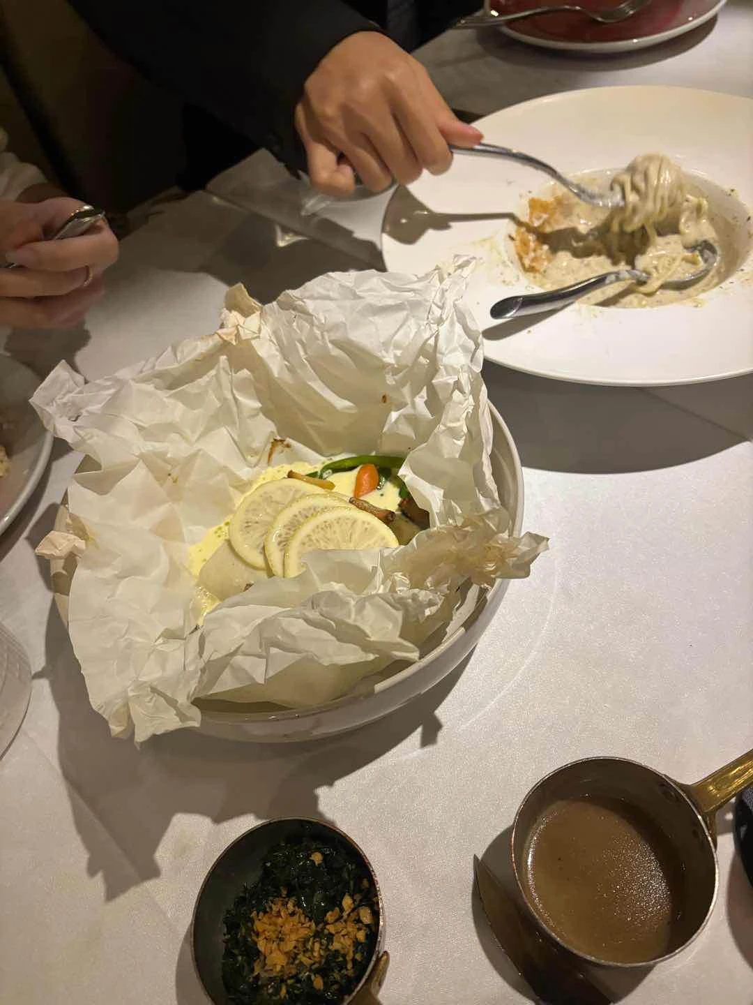 truffle pasta and halibut