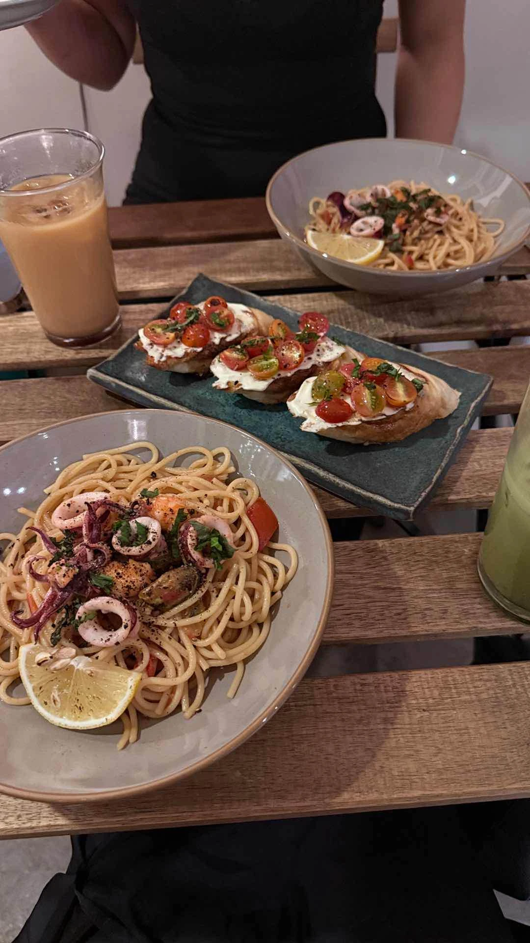 Seafood Pasta, Cherry Tomato Bruschetta, Spanish Latte, Strawberry Matcha