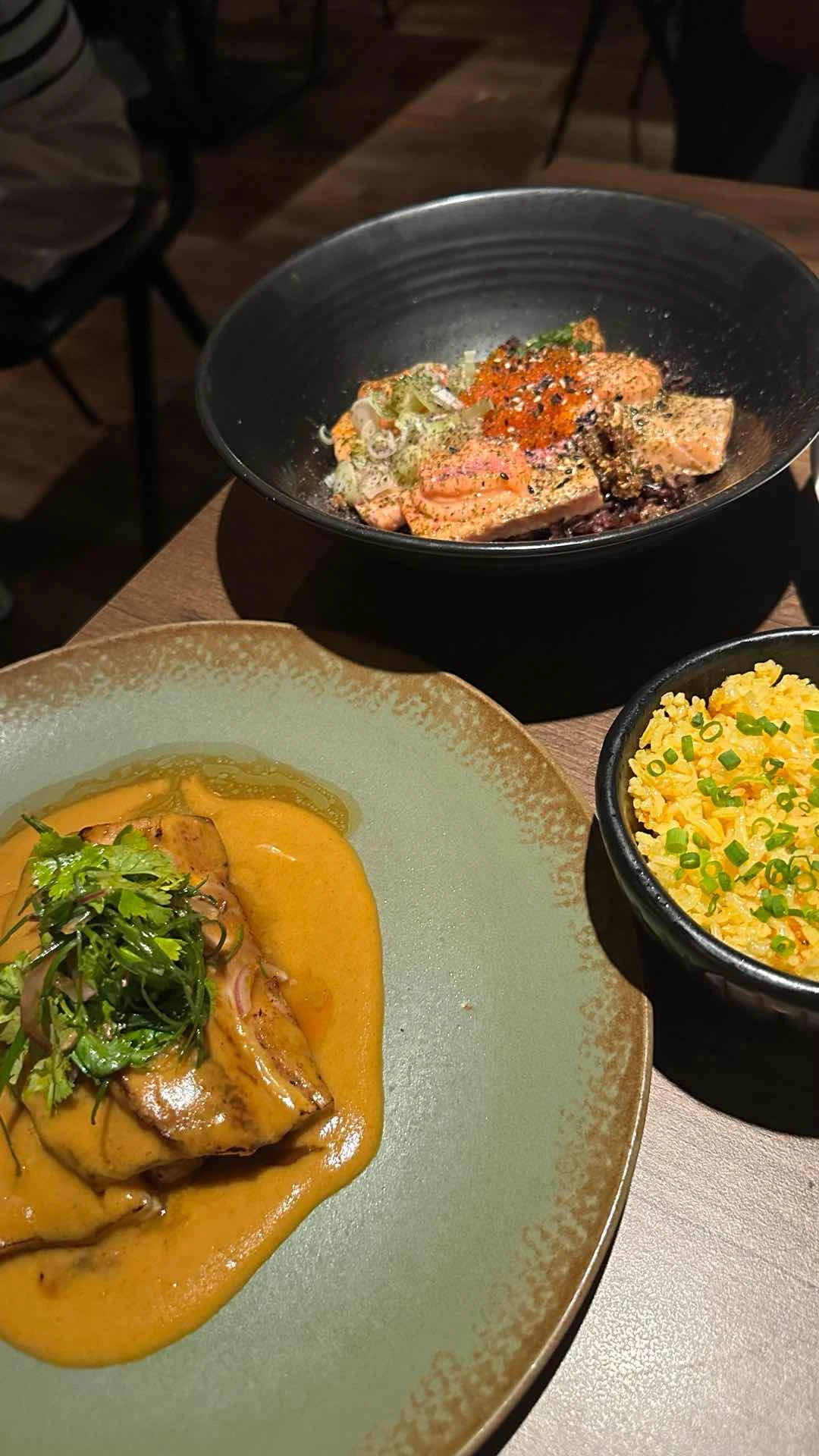 Torched salmon donburi and pork kare-cury