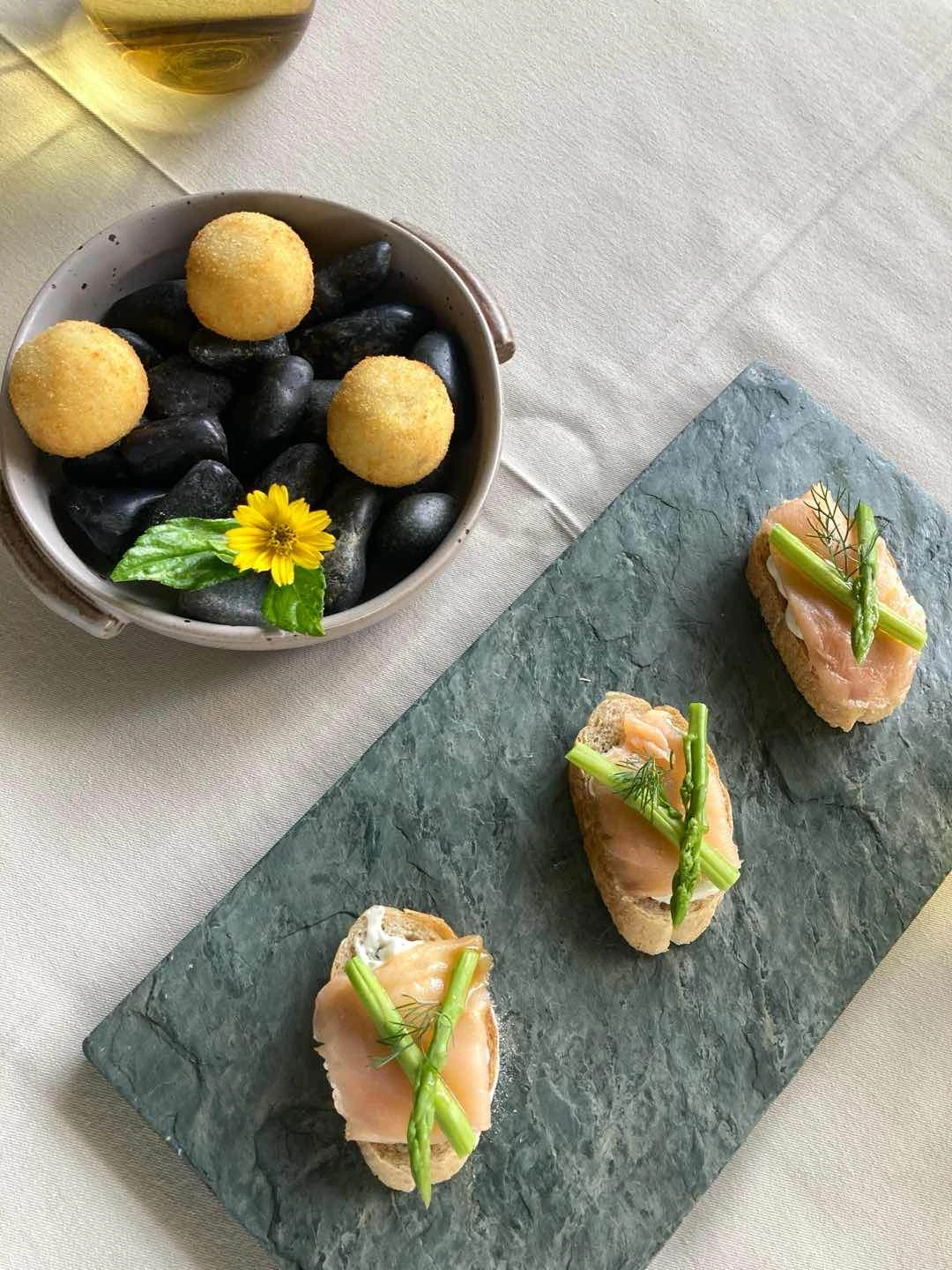 Mushroom and Truffle Croquetas, Salmon and Asparagus Pintxos