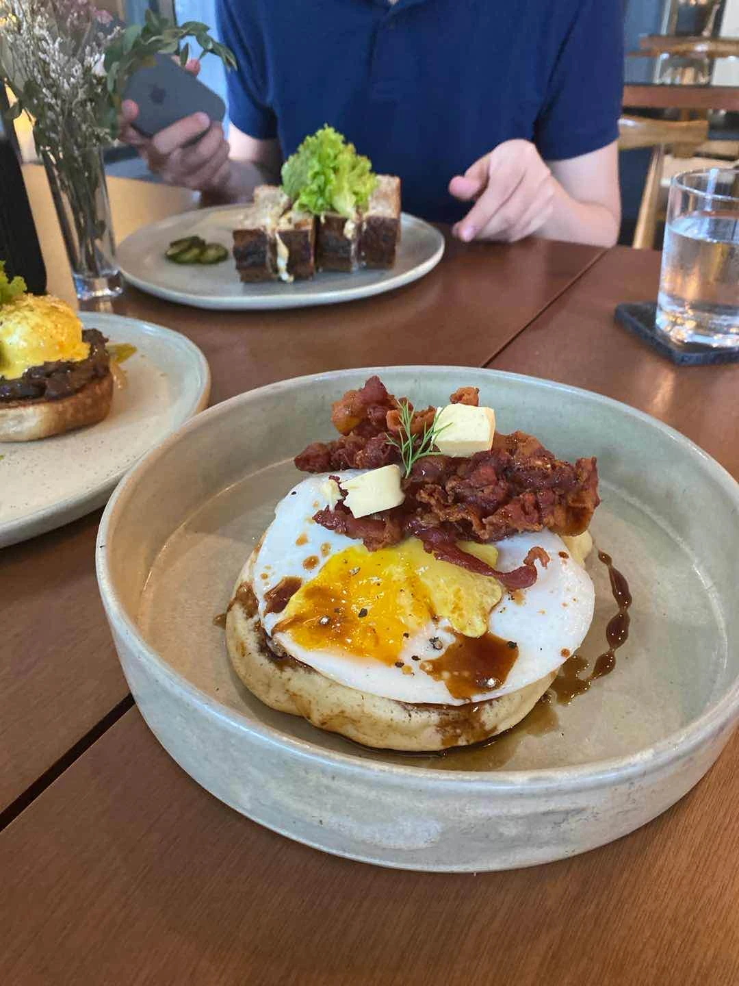 Savory Pancake (w crispy bacon, fried egg, pineapple molasses syrup & butter)