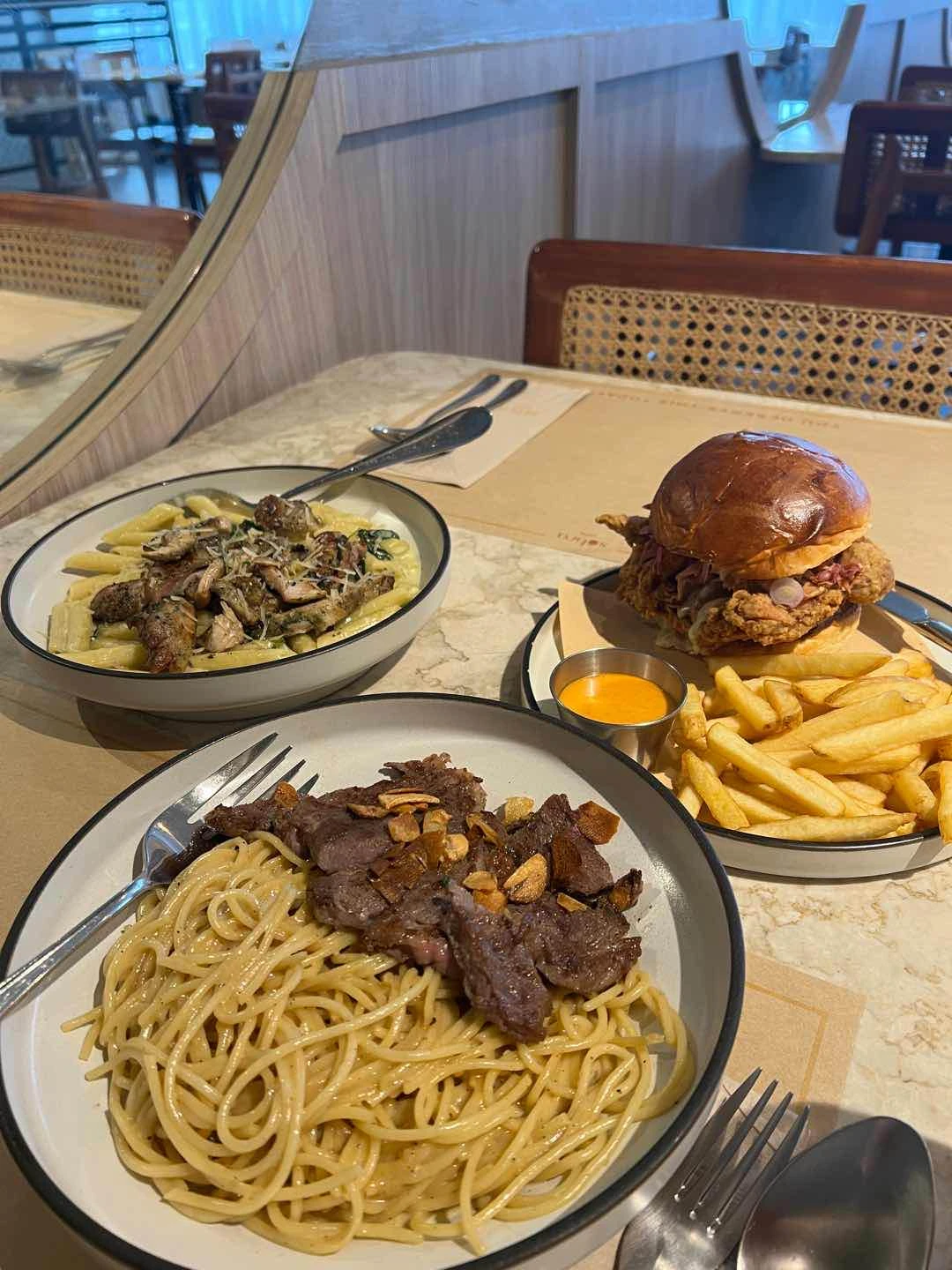 truffle and steak pasta, penne gorgonzola, and ono! fried chicken sandwich