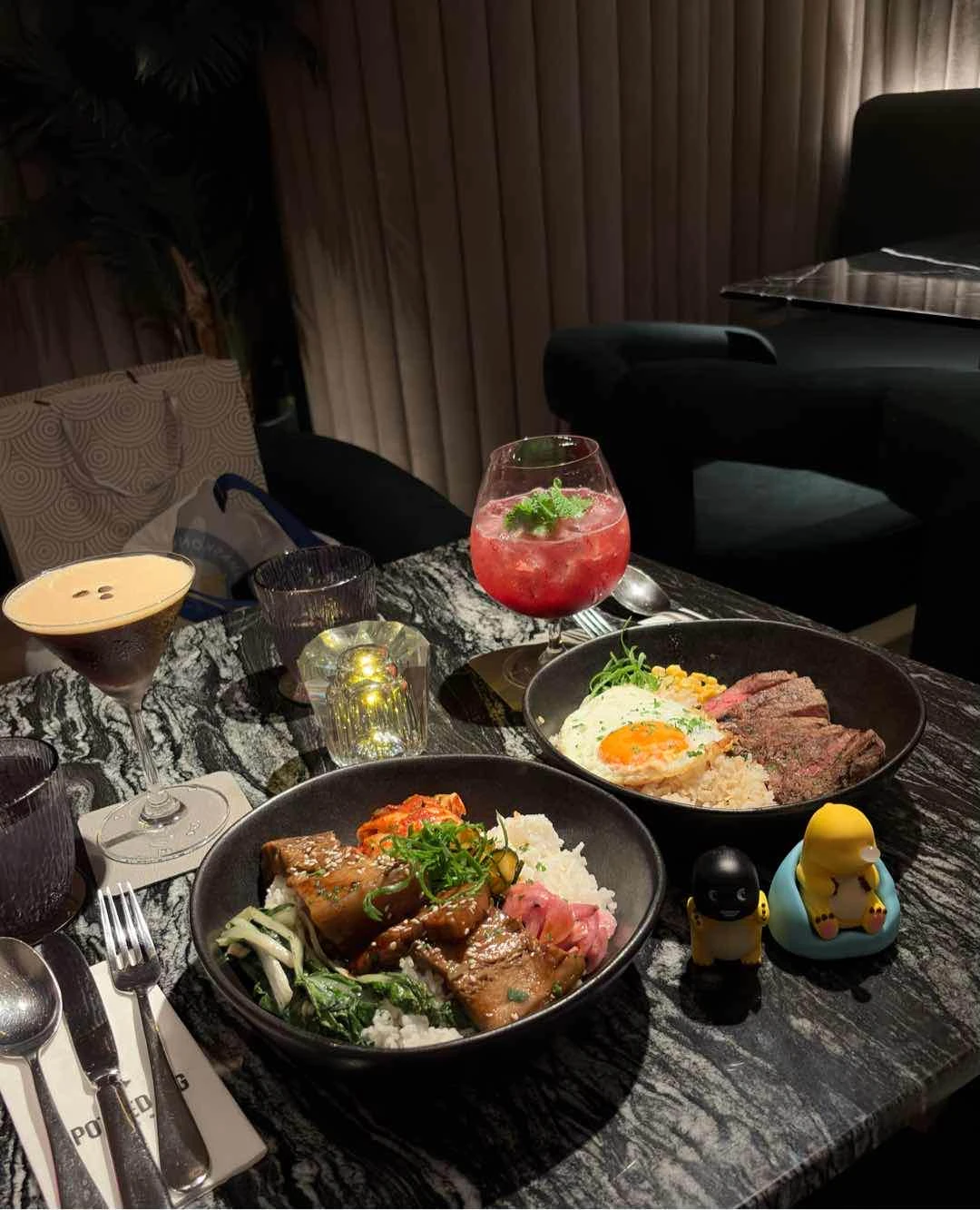 Drinks: Espresso Martini and Pink Fizz, Food: Gochujang Pork Belly and Steak Rice of Spotted Pig Rockwell