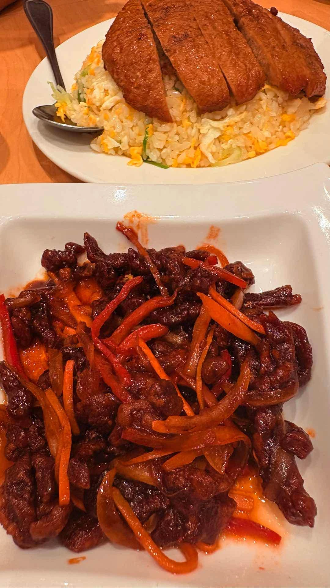 Crispy Beef Strips and Pork Chop Fried Rice