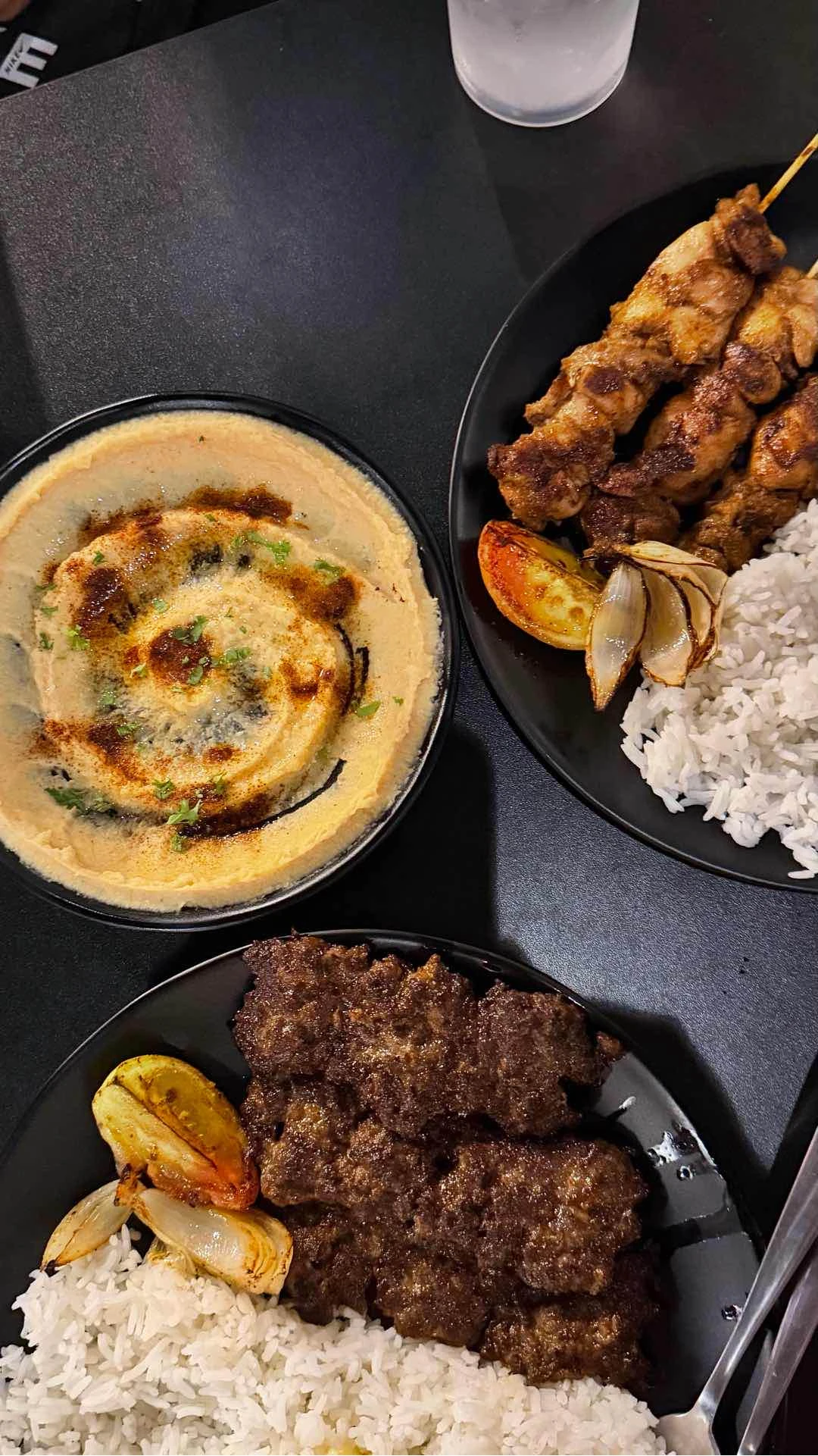 hummus pita, beef kebab, and chicken kebab