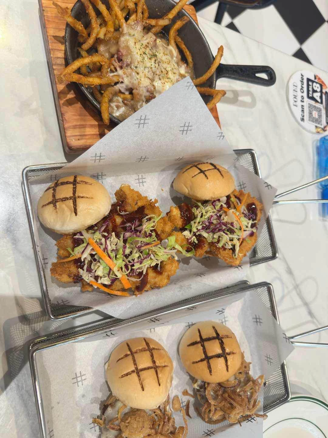 chicken sliders, truffle sliders, bacon poutine
